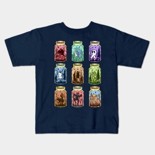 Cryptid Jar Collection Mothman Bigfoot Flatwoods Monster Yeti El Chupacabra Jersey Devil Squonk Fresno Nightcrawler Kids T-Shirt